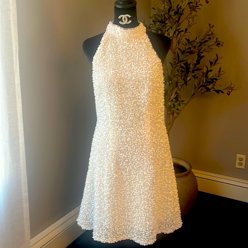 White sequin halter top above knee length dress Size 6